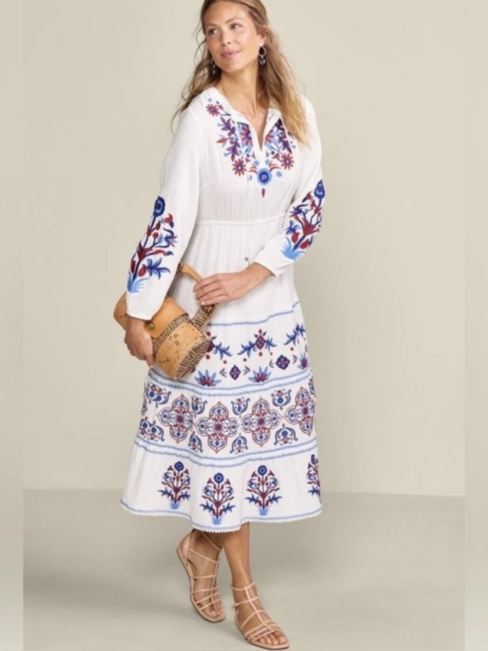 Soft Surroundings White Midi Dress with Embroidery